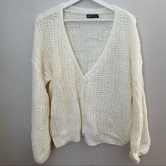 Shein Cardigan Sweater Knit Buttons White Loose Fitting Neutral Casual Trendy - Picture 1 of 10